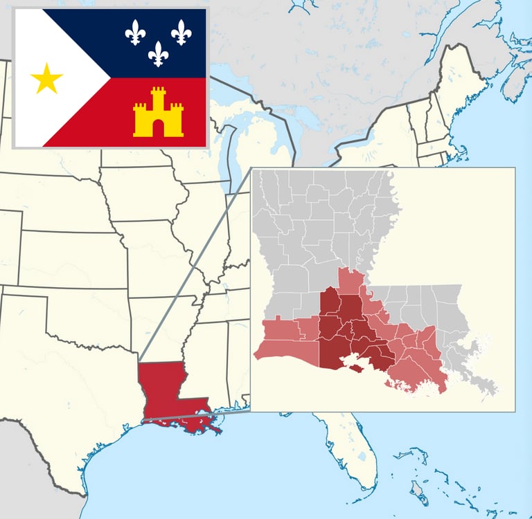 carte de la louisiane avec la zone francophone mise de l'avant