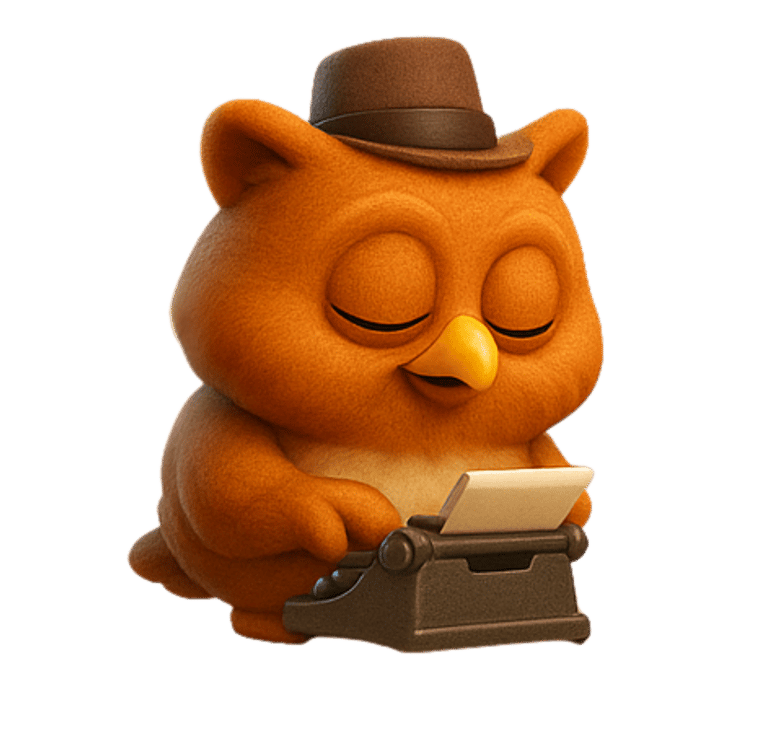 hibou avec chapeau tape sur machine à écrire