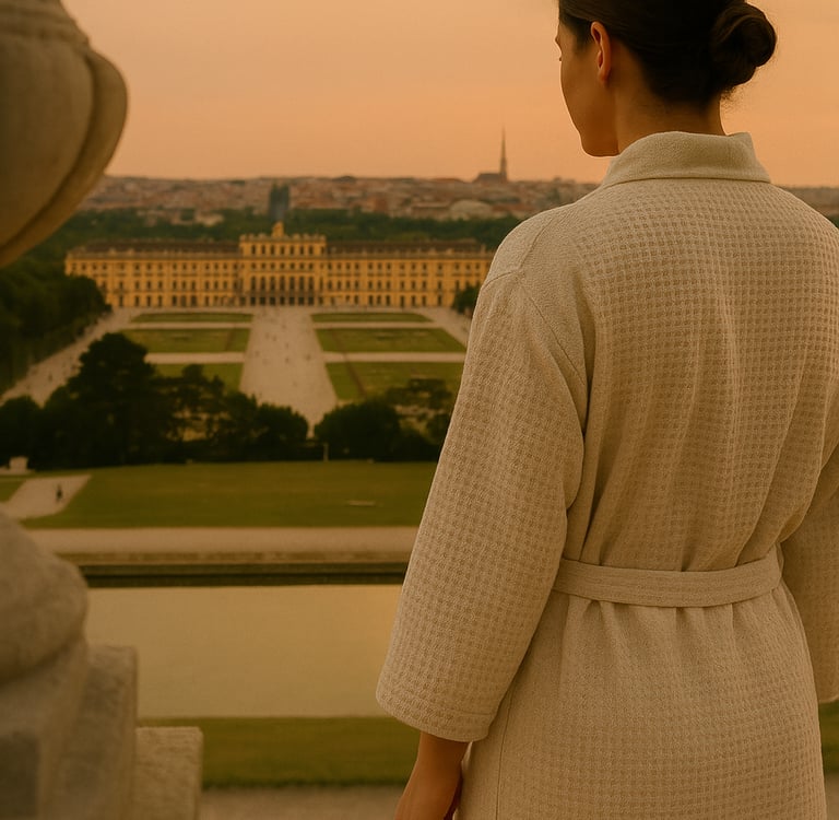 a woman in a robe standing in front of schönbrunn