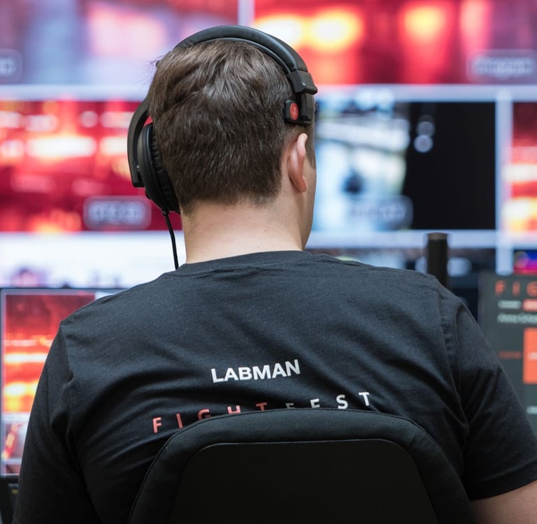 Ben, one of the organisers of FightFest, running the livestream for the 2022 event.