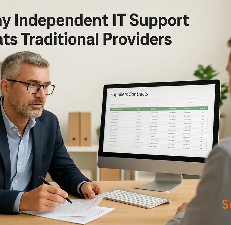 Independent IT consultant meeting with a small business manager in a modern office, discussing supplier contracts on screen, 