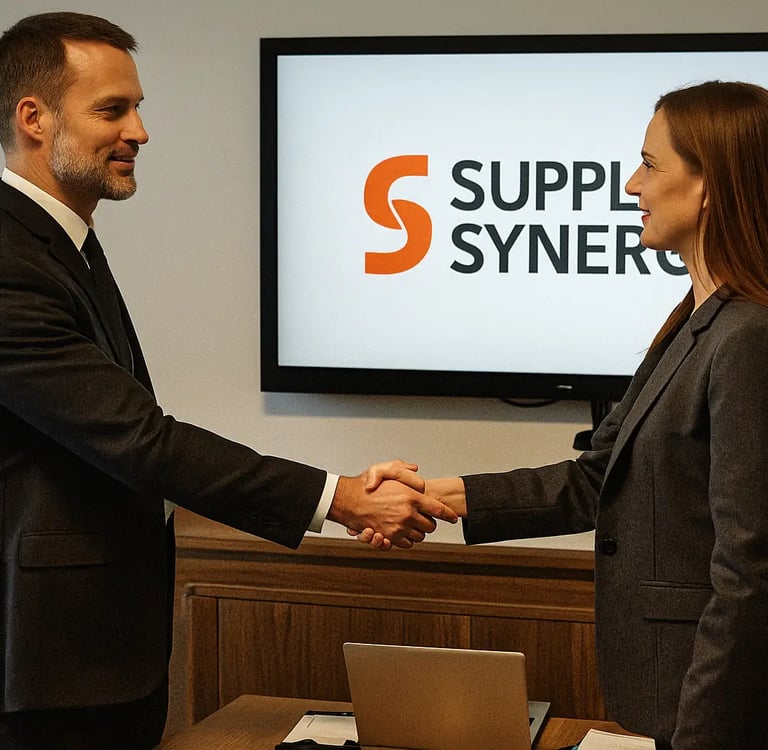 Business consultant shaking hands with client in a modern office meeting room, with the Supplier Synergy logo displayed on a 