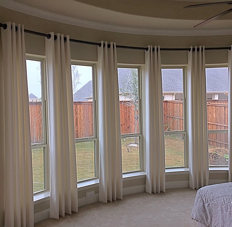 Grommet drapery curtains custom curved rod kasmir fabric