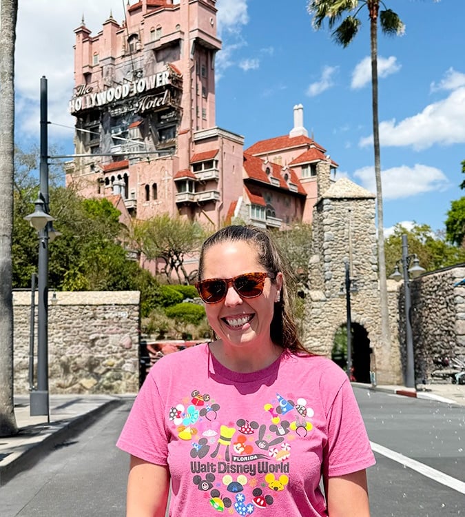Jennifer Becker pictured in front of The Hollywood "Tower of Terror" Hotel at Disney's Hollywood Studios® Park..