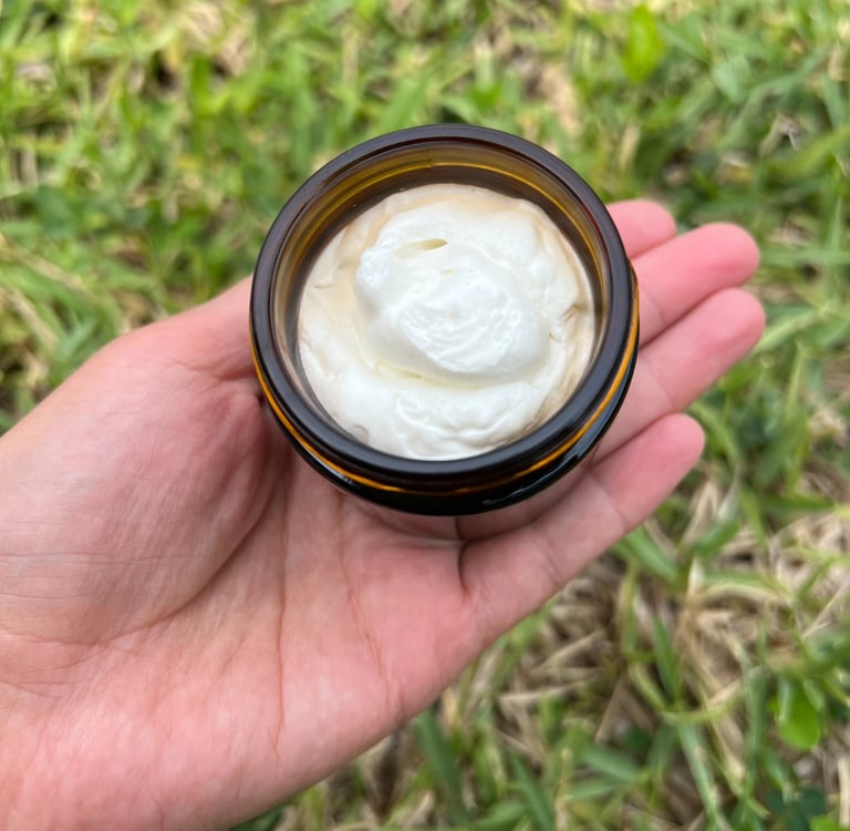 Whipped tallow cream freshly prepared in amber glass jar, eco-freindly skincare handmade by Vacaluna