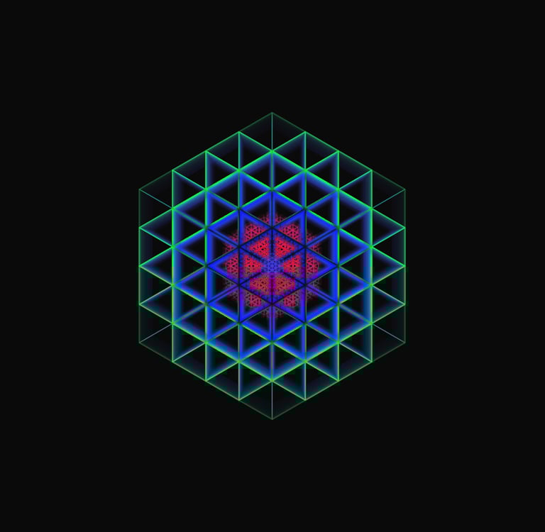 a colorful geometrical design with a red and green background