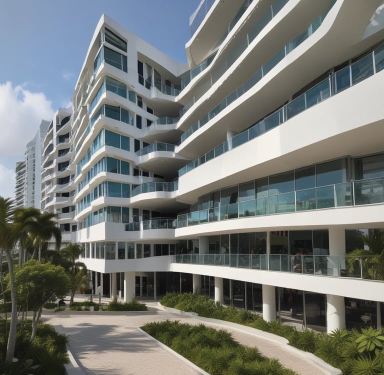 A series of modern, multi-story residential buildings with curved balconies stand under a clear blue sky. The buildings are surrounded by palm trees and are lit by the warm, golden light of the setting sun, casting distinct shadows.
