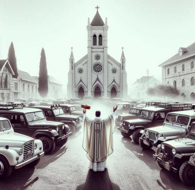 a priest in a white robe standing in front of a church