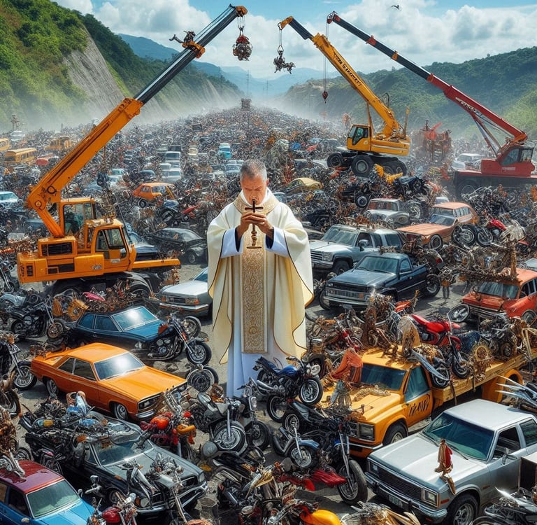 a priest in a white robe standing in a large amount of cars