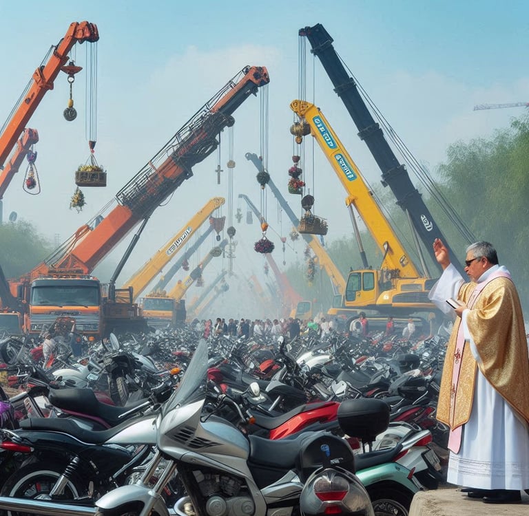 a priest in a white robe standing in front of a large group of motorcycles