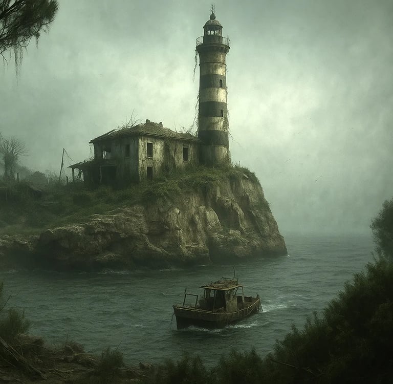 a boat in the water near a lighthouse
