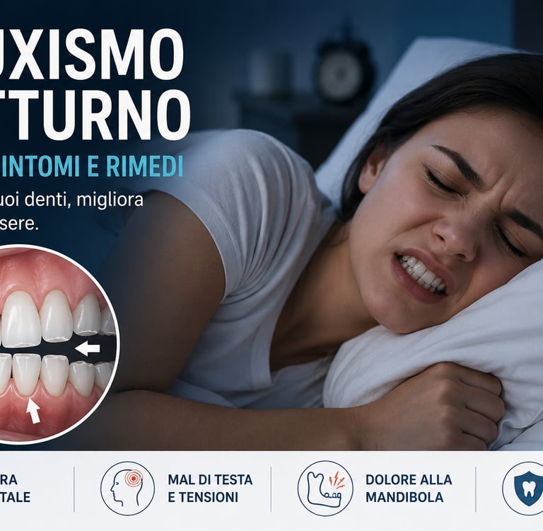 Donna che soffre di bruxismo notturno e digrignamento dei denti durante il sonno.