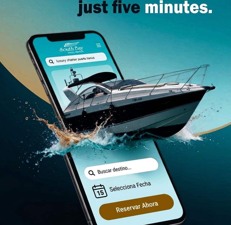 Luxury yacht booking app showing a boat splashing out of a smartphone screen for South Bay charters.