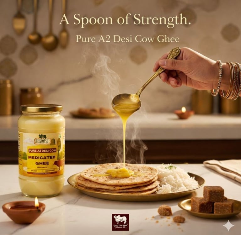 “Gavyaveda A2 Ghee is crafted using the traditional bilona method from pure desi cow milk, preservin