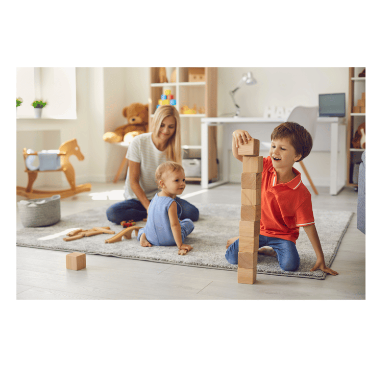 Mum and two young children playing with toys on the floor