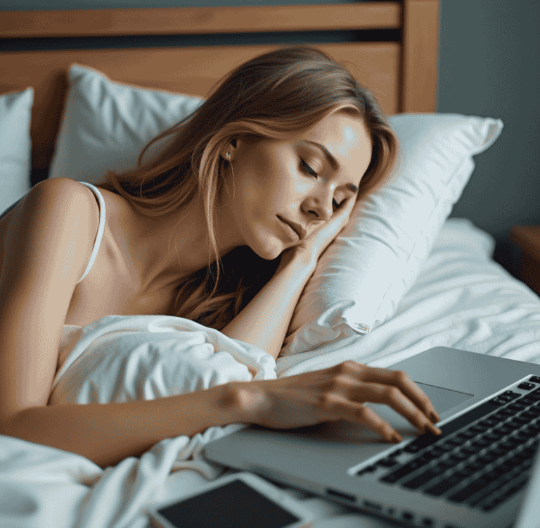 Woman busy in bed during weekend