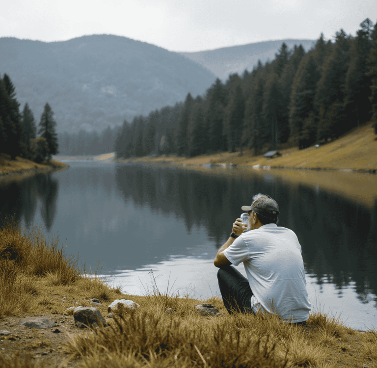 Man enjoying a glass of water by a lake