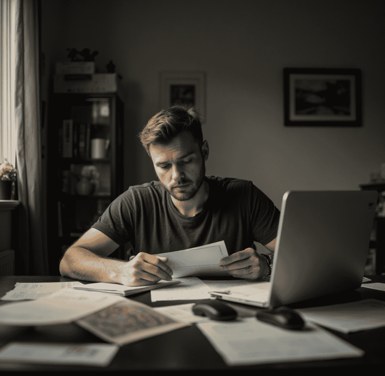 Man overwhelmed by emails and bills