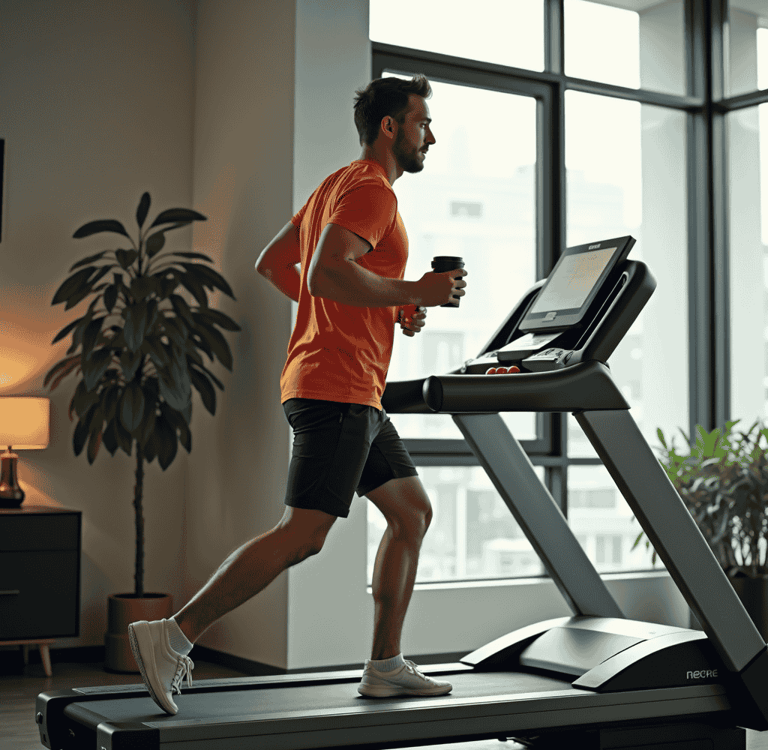 Man on a treadmill drinking coffee