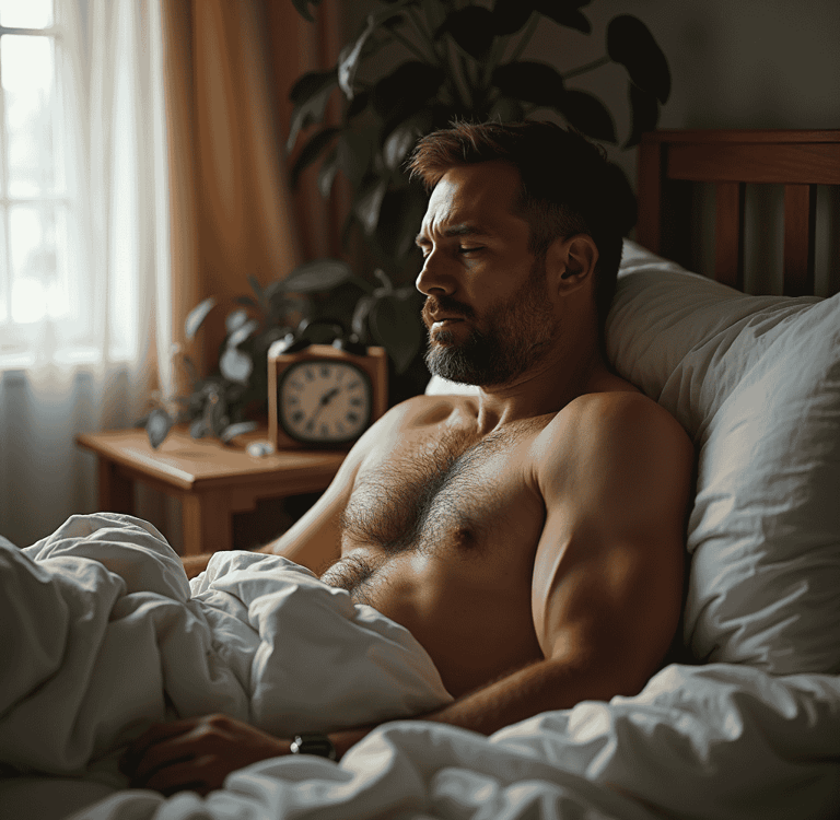 Man waking up in bed, stressed