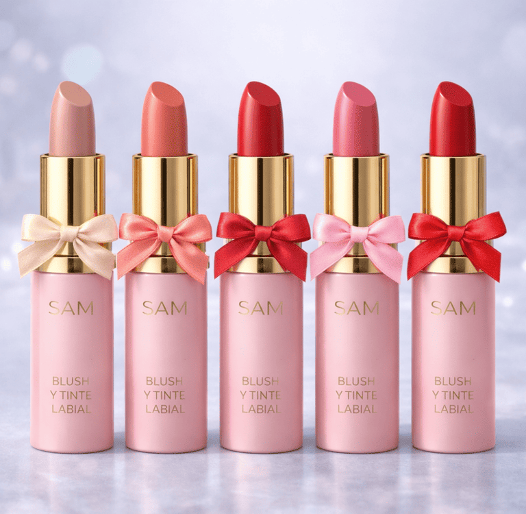 Colección de labiales blush y tinte de SAM Cosméticos en tonos rosados con lazos decorativos.
