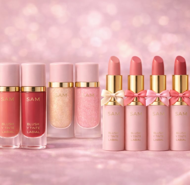 Colección de tintas labiales y rubores líquidos S.A.M en tonos rosa sobre un fondo brillante.