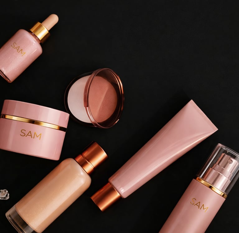 Línea de lujo SAM Cosméticos con envases rosa y dorado sobre fondo oscuro.