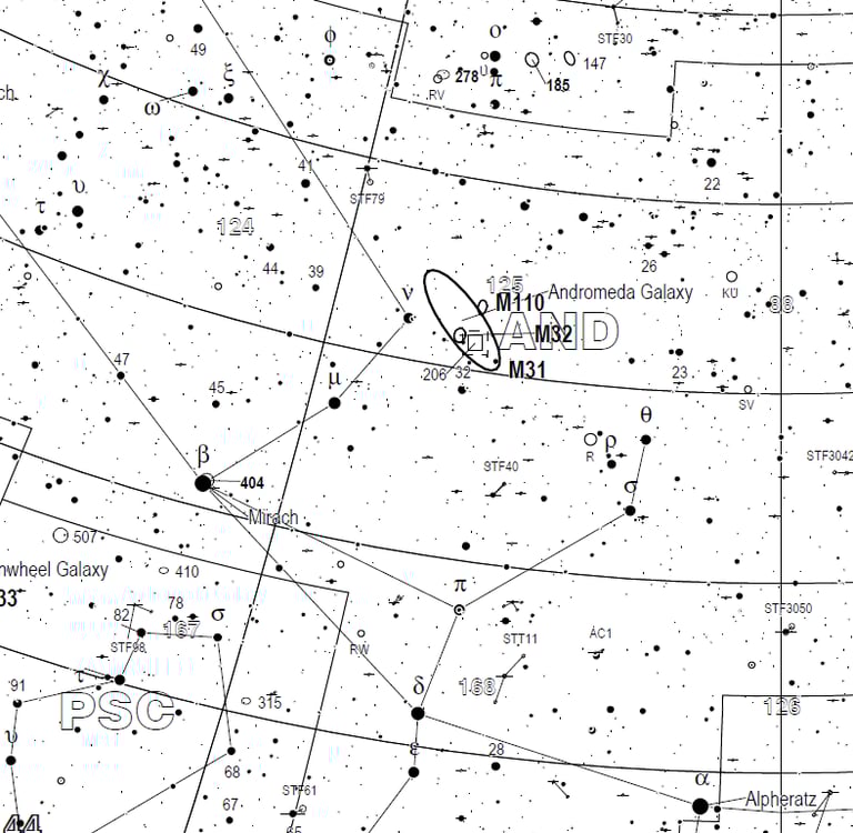 Fragmento de las Cartas Celestes Triatlas-A que muestra la constelación y galaxia de Andrómeda