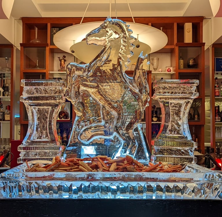 ice sculpture of a horse with an ice tray for seafood