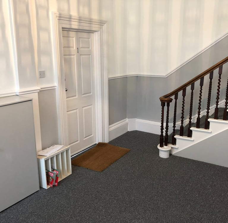 Hallway and staircase painting in Worthing Sussex, grey and white interior finish