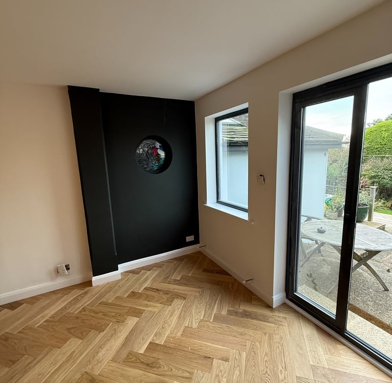 Herringbone wood flooring and feature wall in Worthing Sussex, modern interior finish
