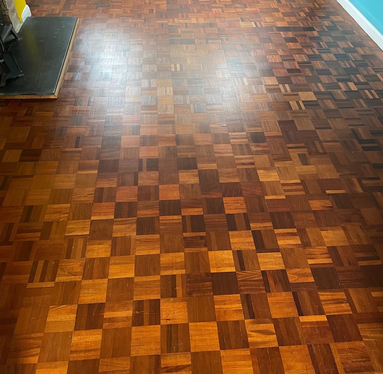 Parquet wood flooring restoration in Worthing Sussex, polished wooden floor finish