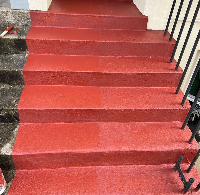 Painted exterior entrance steps in Portslade Sussex, red step restoration work