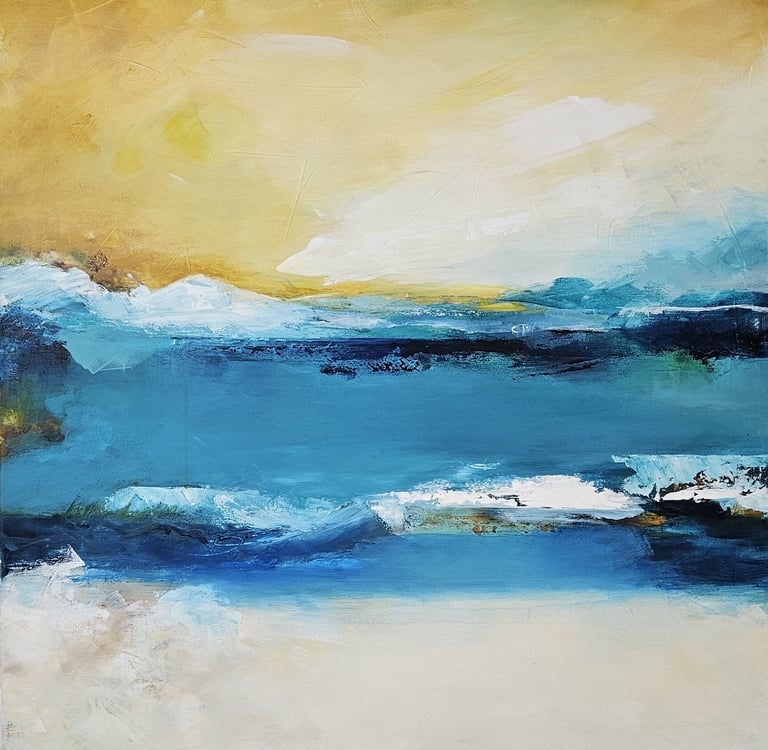 Abstract ocean painting with blue waves, a sandy beach, and a golden yellow sunset sky.