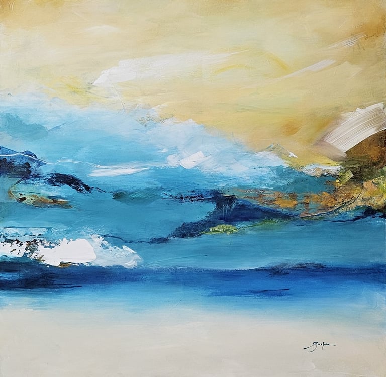 Abstract landscape painting with blue waves, gold skies, and white textured brushstrokes.