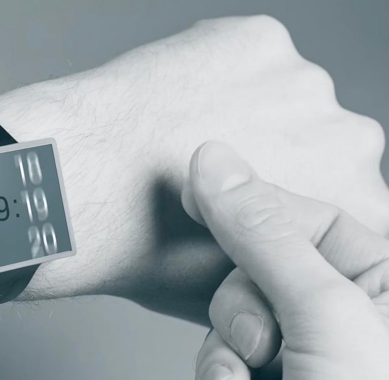 une main cherche à modifier l'heure du montre à distance par contrôle du mouvement.