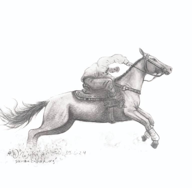 Cavaleiro sente a gravidade no arranque do cavalo, desenho do Jaum de 2024