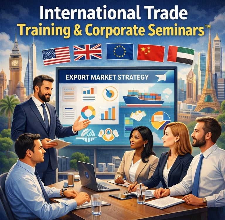 Business seminar with export strategy presentation, global flags, and executive trade training session.