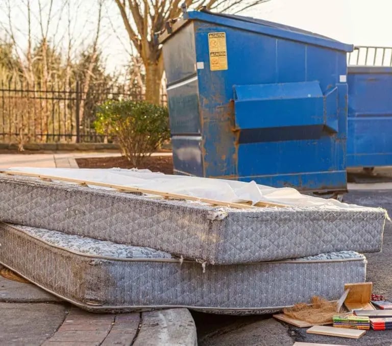 Mattress beside Trash Dumpster