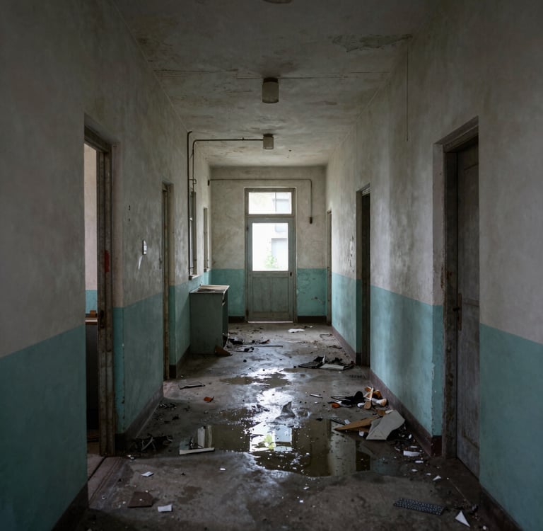 Spooky gothic asylum with a clock tower under a full moon in a foggy, dark night setting.