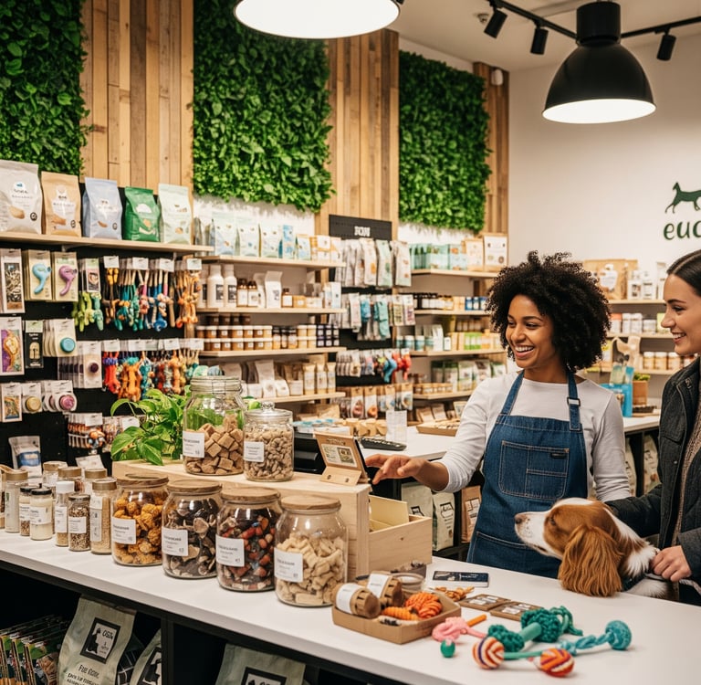 two women standing in front of an eco pet shop store