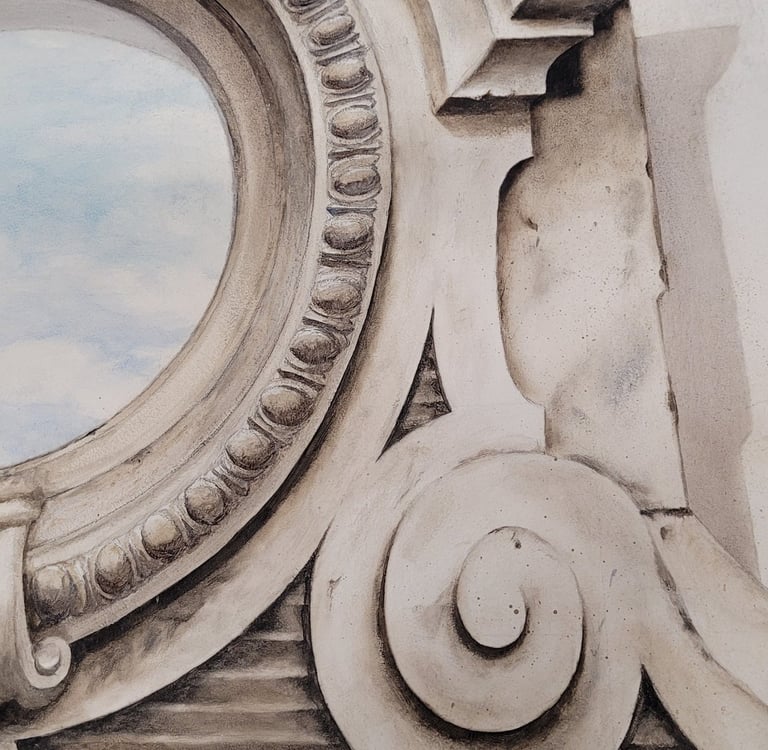 Détails d'un décor peint en trompe-l'oeil, imitation de matière, fausses moulures.