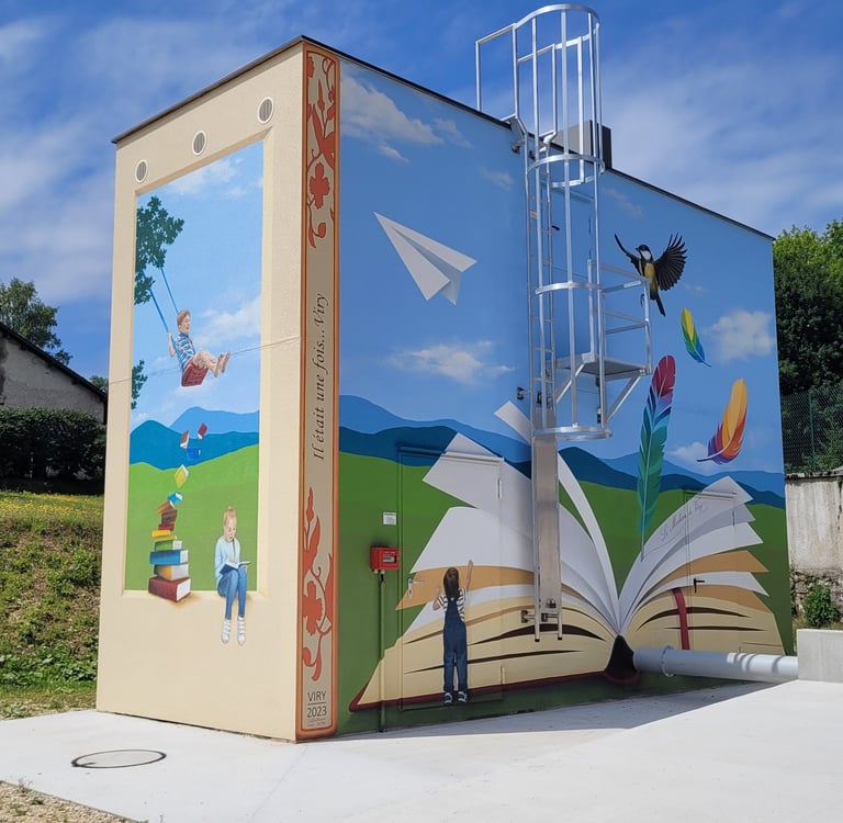 Fresque sur les façades d'un haut bâtiment. Un livre ouvert, des enfants jouent, un oiseau s'envole.