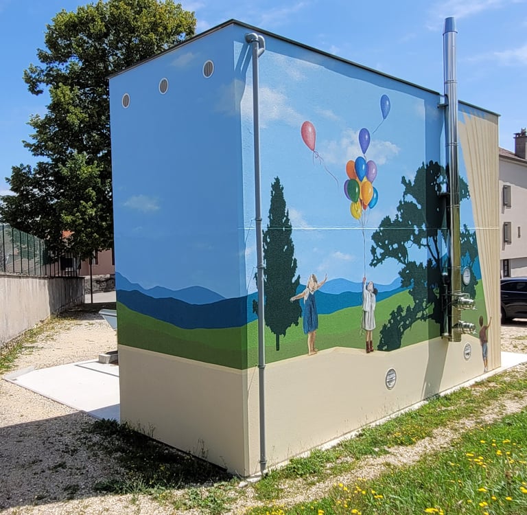 Fresque peinte sur façades. Un paysage simplifié en arrière plan, un muret en trompe-l'oeil.