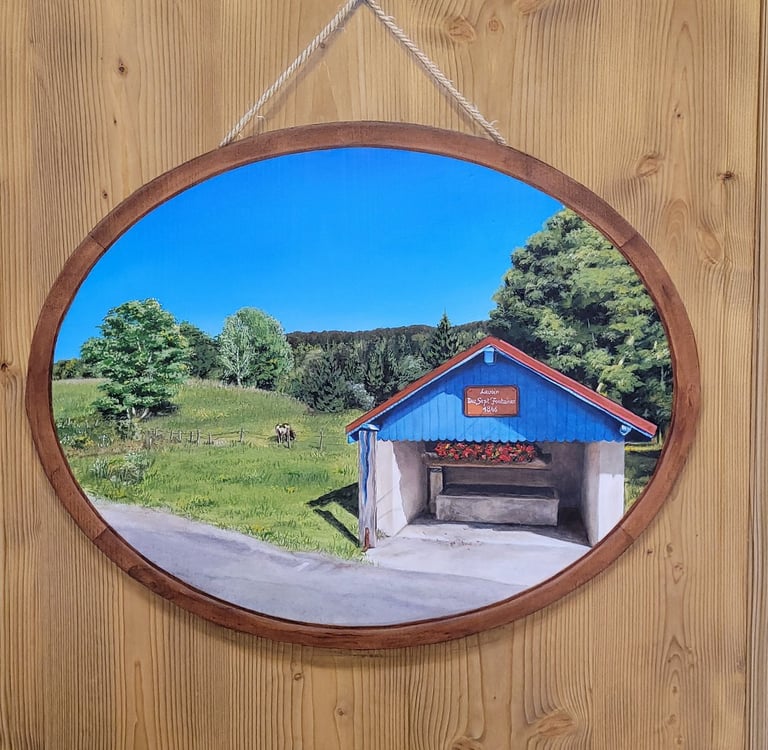 Paysage en médaillon, cadre et fixation sont peints en trompe-l'oeil sur une porte en bois massif