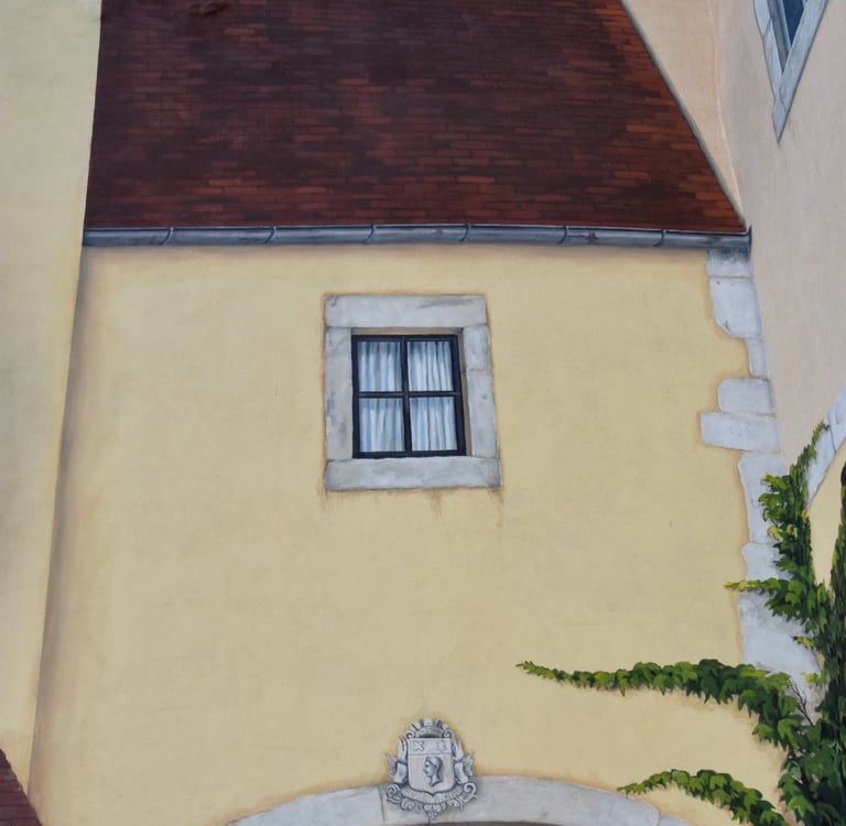 Détails de façades peintes en trompe-l'oeil: lucarne, porche et lierre, Jura 39.