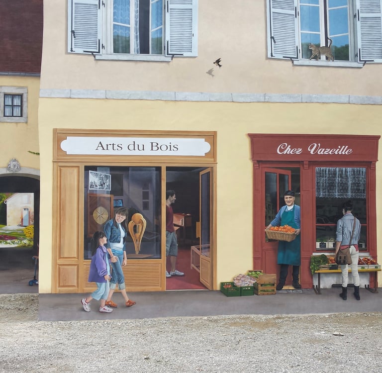Des devantures et fenêtres en trompe-l'oeil sur façades à Moirans-en-Montagne