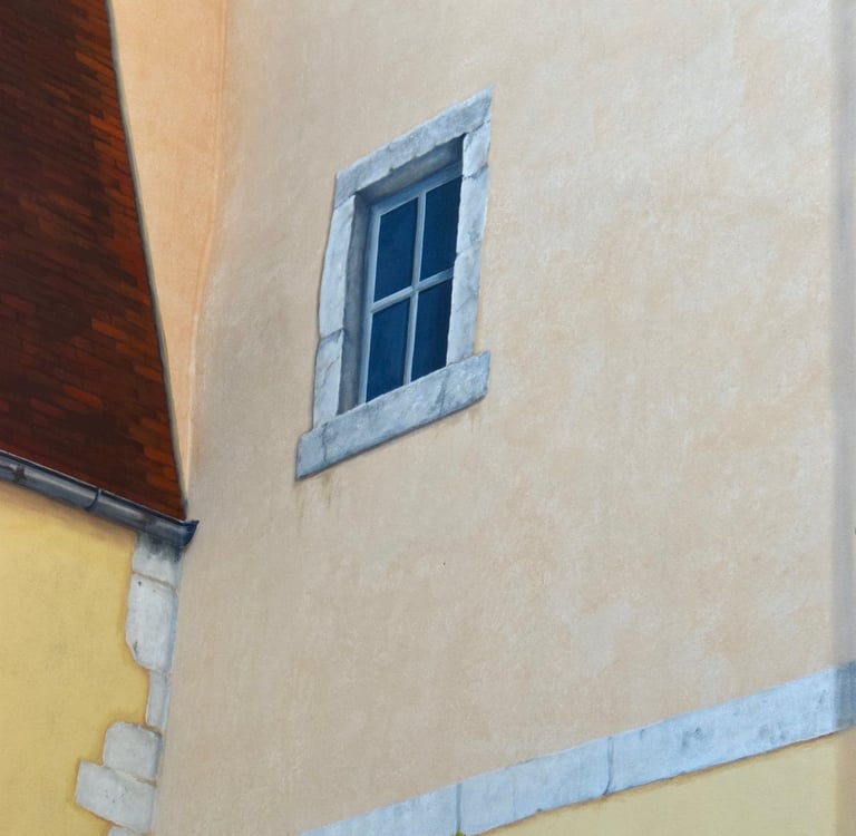 Détails de trompe-l'oeil peint sur des façades, une fausse lucarne, fausses pierres, faux toit.