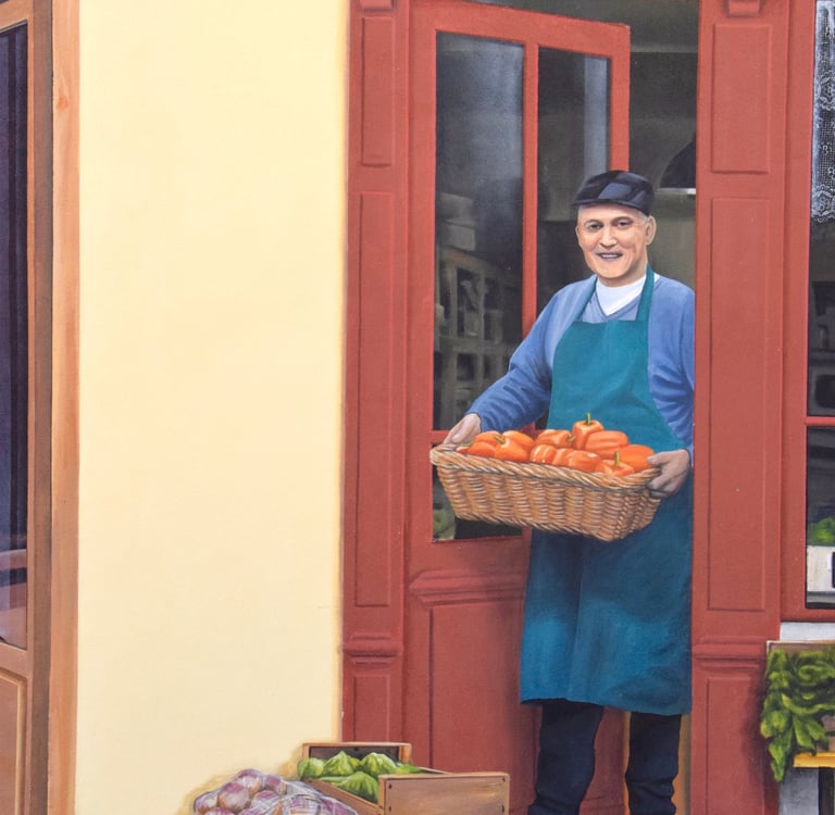 Peinture en trompe-l'oeil sur une façade: un maraîcher sort de son magasin avec un panier de légumes