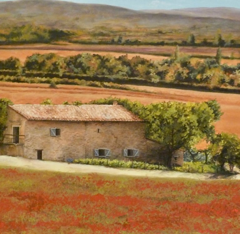 Détails d'une peinture de paysage méditérranéen, une maison en pierre entourée de champs.
